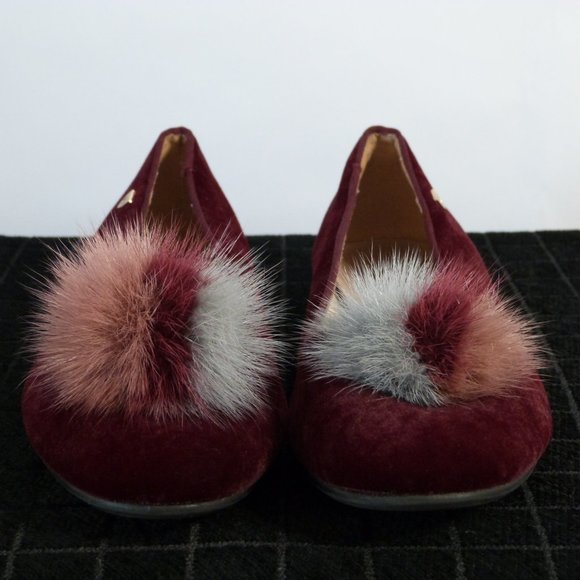 NWOT Girls Venettini Euro Size 37: Deep Red Velvet Pom Pom Dressy Flats Loafers - Picture 1 of 4